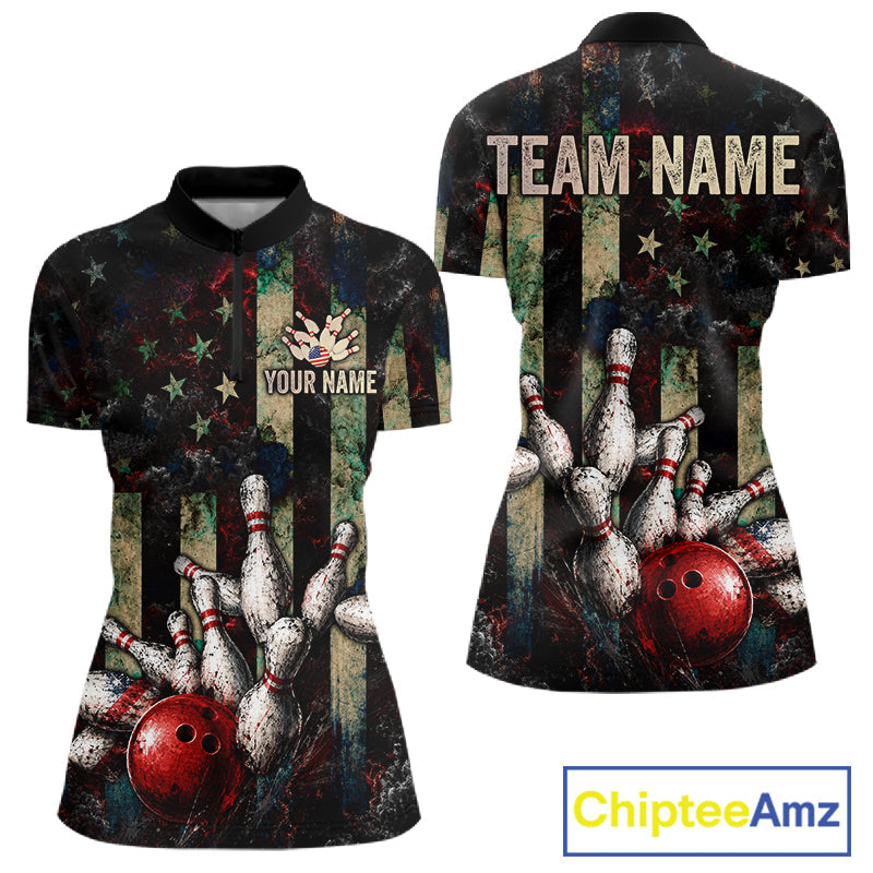 Personalized American Flag Grunge Bowling Shirt Custom Splatter Outfit Bowling Jersey