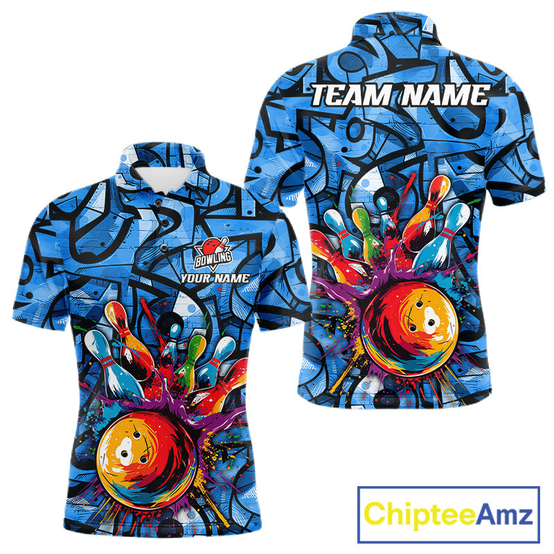 Blue Graffiti Bowling Polo Quarter Zip Shirt Custom Splash Bowling Team League Jerseys