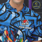 Blue Graffiti Bowling Polo Quarter Zip Shirt Custom Splash Bowling Team League Jerseys