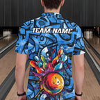 Blue Graffiti Bowling Polo Quarter Zip Shirt Custom Splash Bowling Team League Jerseys