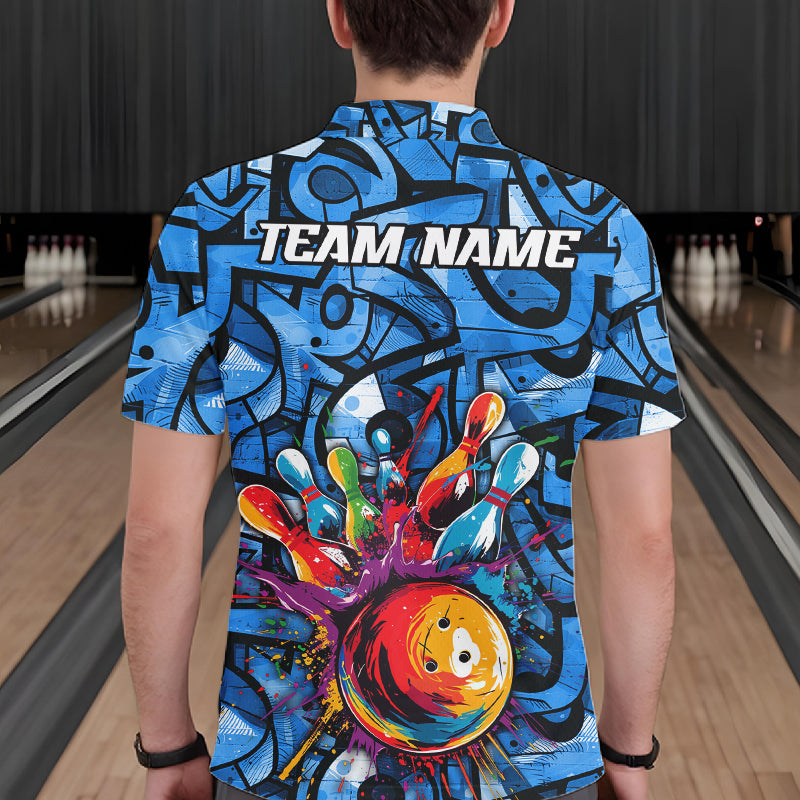 Blue Graffiti Bowling Polo Quarter Zip Shirt Custom Splash Bowling Team League Jerseys