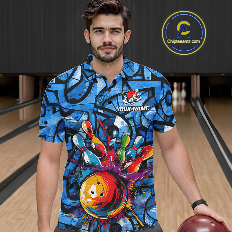 Blue Graffiti Bowling Polo Quarter Zip Shirt Custom Splash Bowling Team League Jerseys