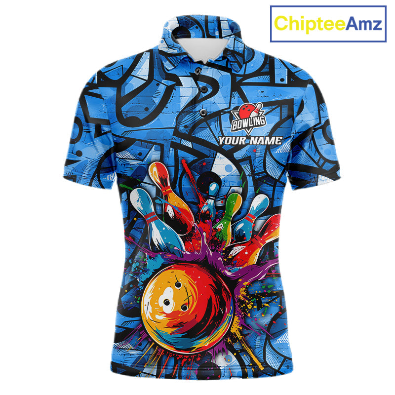 Blue Graffiti Bowling Polo Quarter Zip Shirt Custom Splash Bowling Team League Jerseys