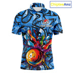 Blue Graffiti Bowling Polo Quarter Zip Shirt Custom Splash Bowling Team League Jerseys