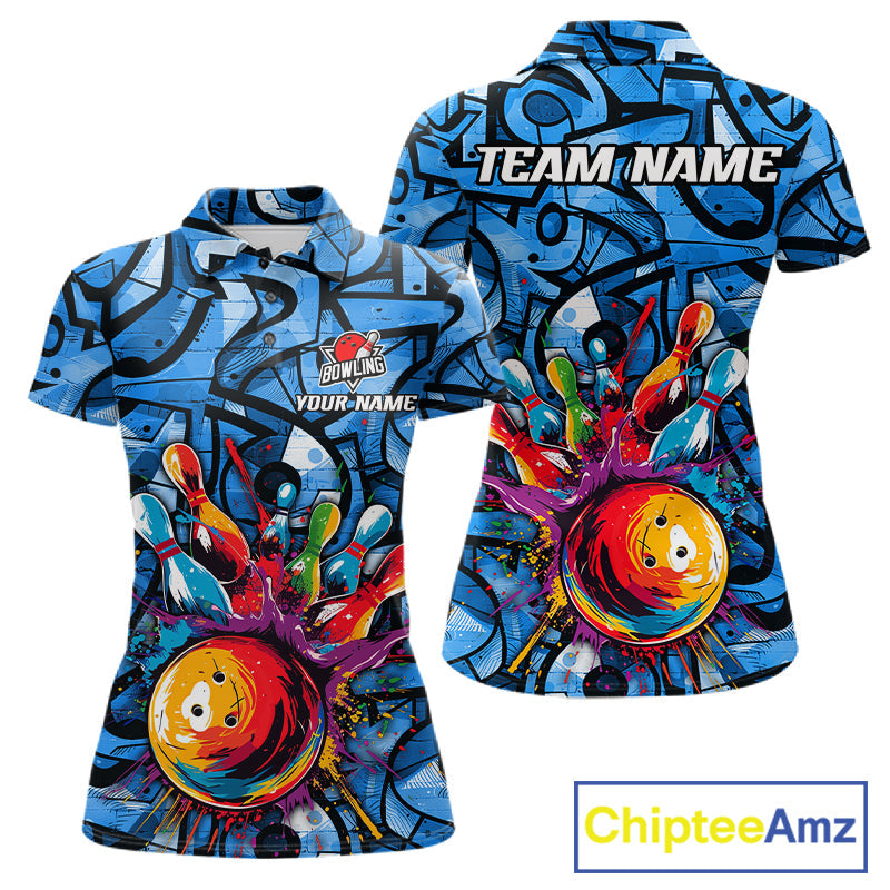 Blue Graffiti Bowling Polo Quarter Zip Shirt Custom Splash Bowling Team League Jerseys