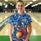 Blue Graffiti Bowling Polo Quarter Zip Shirt Custom Splash Bowling Team League Jerseys
