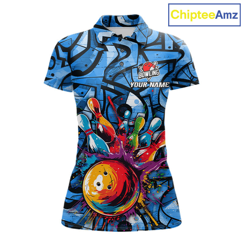 Blue Graffiti Bowling Polo Quarter Zip Shirt Custom Splash Bowling Team League Jerseys