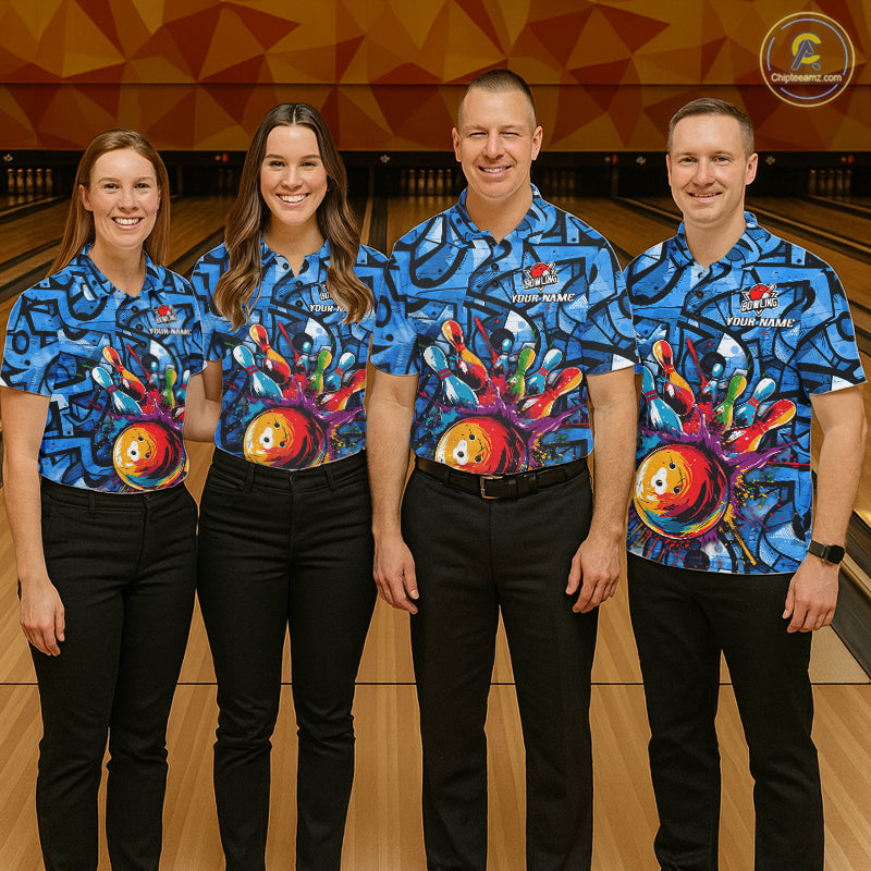 Blue Graffiti Bowling Polo Quarter Zip Shirt Custom Splash Bowling Team League Jerseys