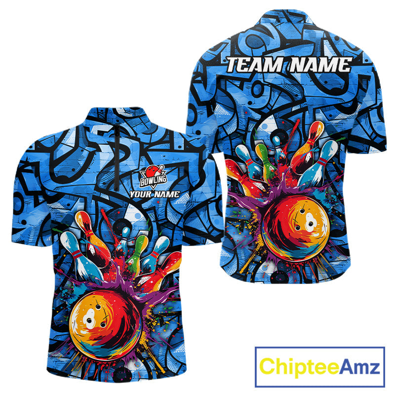 Blue Graffiti Bowling Polo Quarter Zip Shirt Custom Splash Bowling Team League Jerseys
