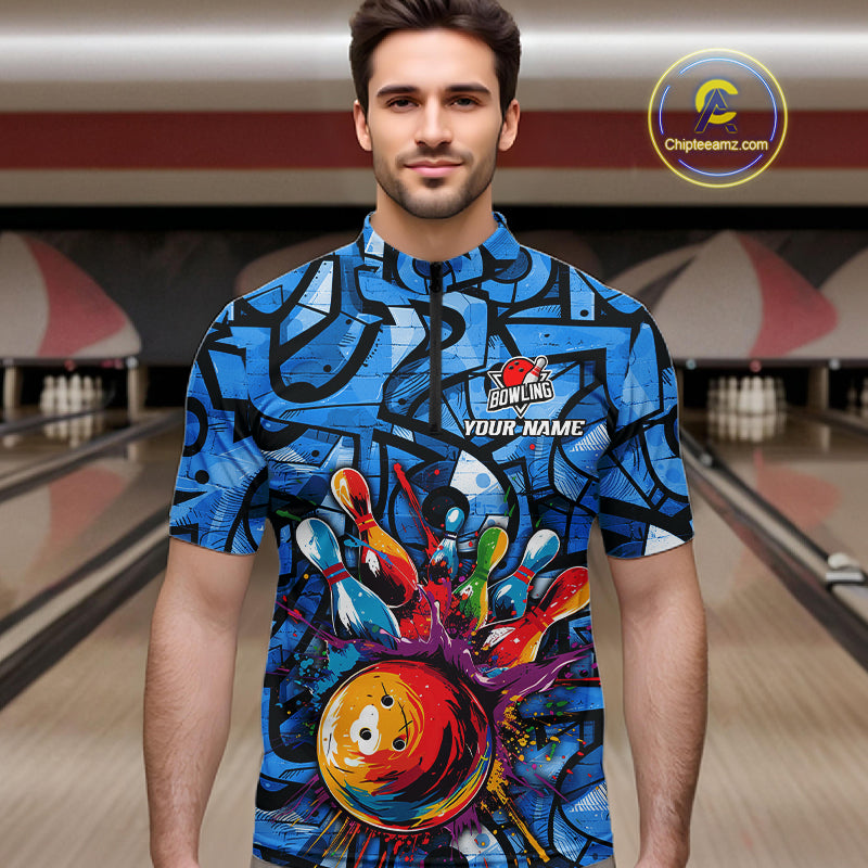 Blue Graffiti Bowling Polo Quarter Zip Shirt Custom Splash Bowling Team League Jerseys