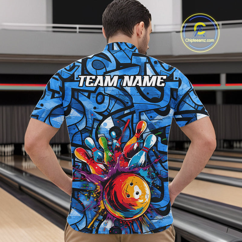 Blue Graffiti Bowling Polo Quarter Zip Shirt Custom Splash Bowling Team League Jerseys