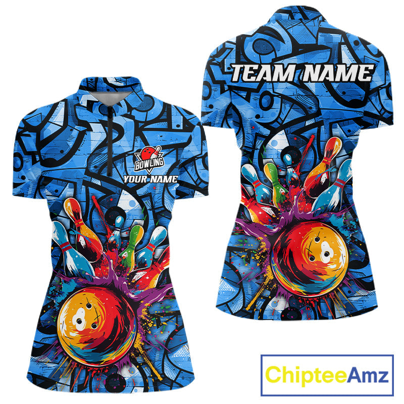 Blue Graffiti Bowling Polo Quarter Zip Shirt Custom Splash Bowling Team League Jerseys