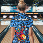 Blue Graffiti Bowling Polo Quarter Zip Shirt Custom Splash Bowling Team League Jerseys