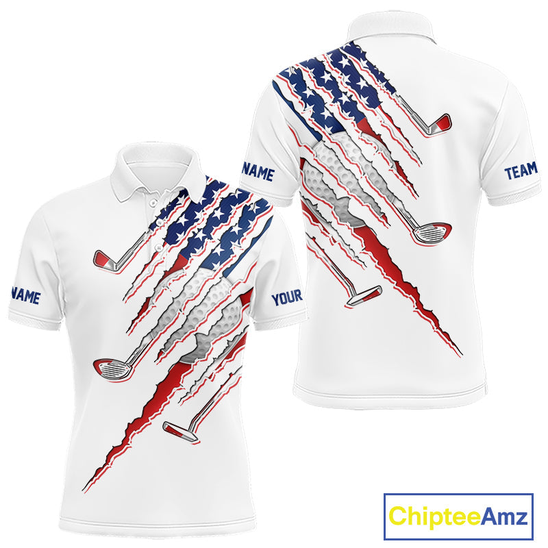 American Flag Golf Polo Shirt Personalized White Golf Clubs Attire, Team Golf Outfit
