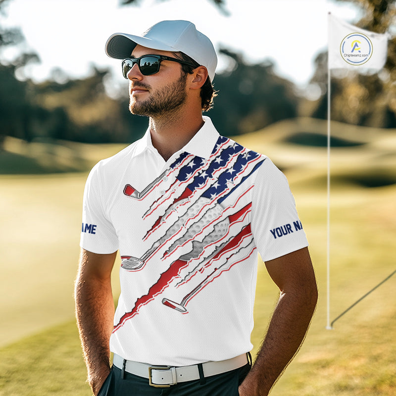 American Flag Golf Polo Shirt Personalized White Golf Clubs Attire, Team Golf Outfit