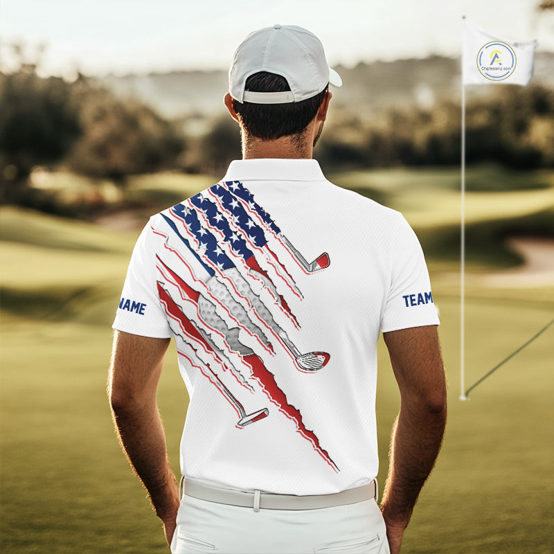 American Flag Golf Polo Shirt Personalized White Golf Clubs Attire, Team Golf Outfit