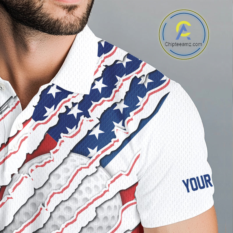 American Flag Golf Polo Shirt Personalized White Golf Clubs Attire, Team Golf Outfit