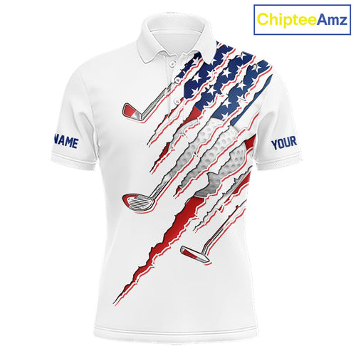 American Flag Golf Polo Shirt Personalized White Golf Clubs Attire, Team Golf Outfit