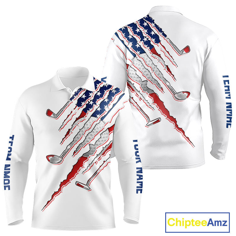 American Flag Golf Polo Shirt Personalized White Golf Clubs Attire, Team Golf Outfit