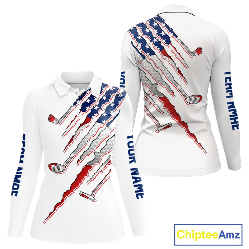 American Flag Golf Polo Shirt Personalized White Golf Clubs Attire, Team Golf Outfit
