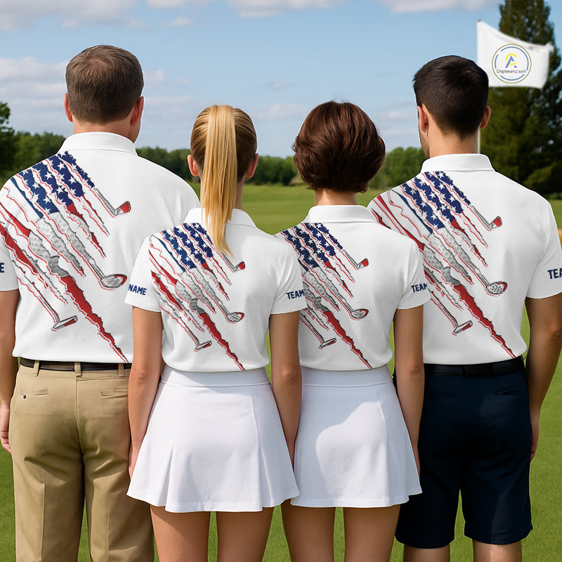 American Flag Golf Polo Shirt Personalized White Golf Clubs Attire, Team Golf Outfit