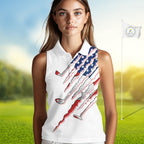 American Flag Golf Sleeveless Polo Shirt Personalized White Golf Clubs Attire, Team Golf Outfit