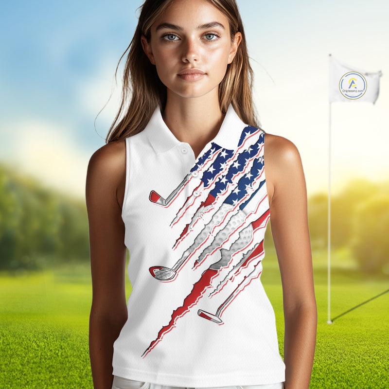 American Flag Golf Sleeveless Polo Shirt Personalized White Golf Clubs Attire, Team Golf Outfit