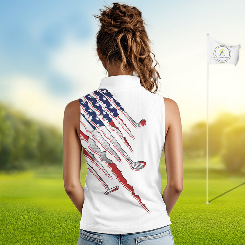 American Flag Golf Sleeveless Polo Shirt Personalized White Golf Clubs Attire, Team Golf Outfit