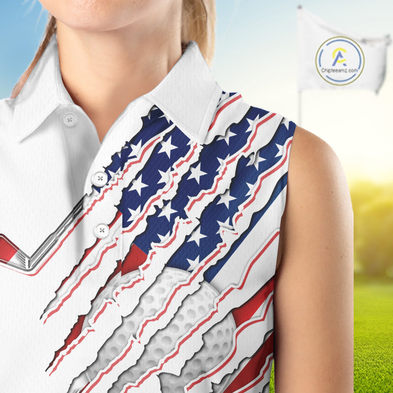 American Flag Golf Sleeveless Polo Shirt Personalized White Golf Clubs Attire, Team Golf Outfit