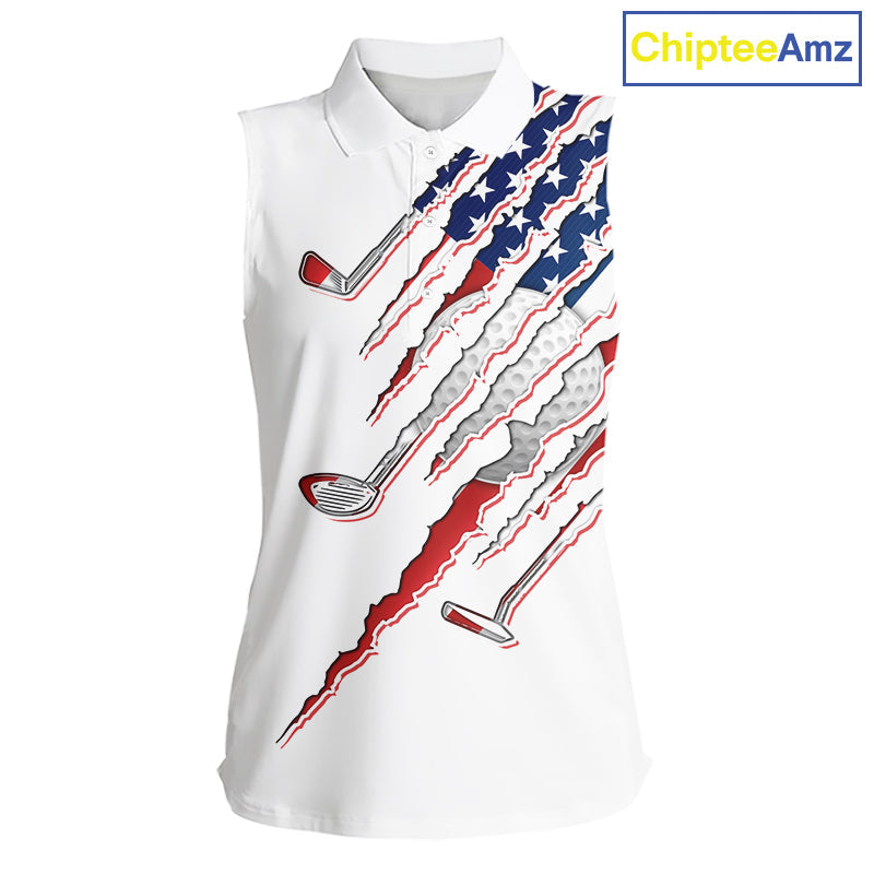 American Flag Golf Sleeveless Polo Shirt Personalized White Golf Clubs Attire, Team Golf Outfit