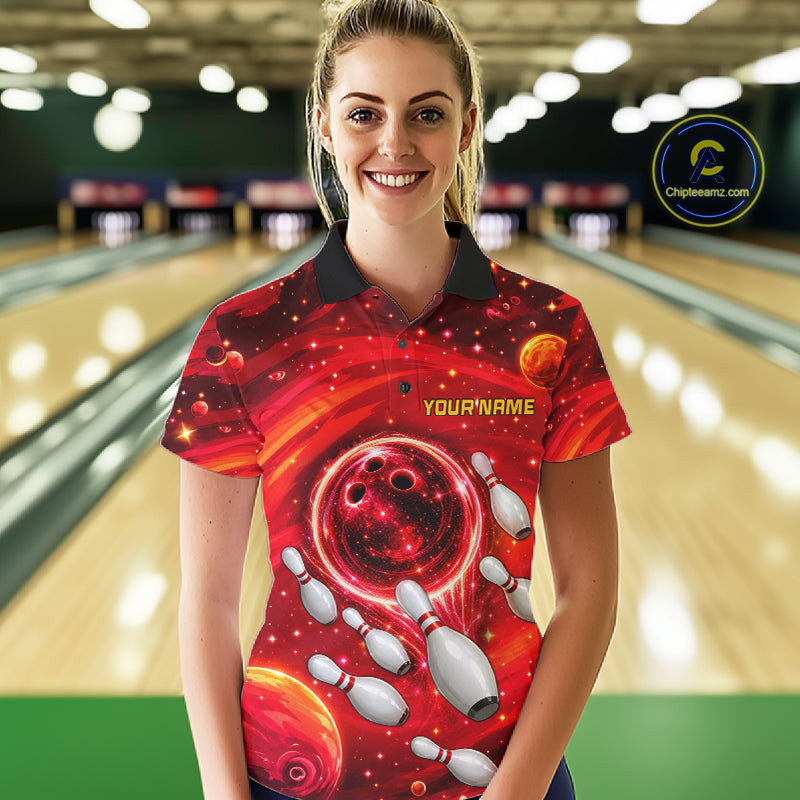 Bowling Polo 1/4-Zip Shirts Custom Red Abstract Bowling Team Jerseys, Bowling Gifts