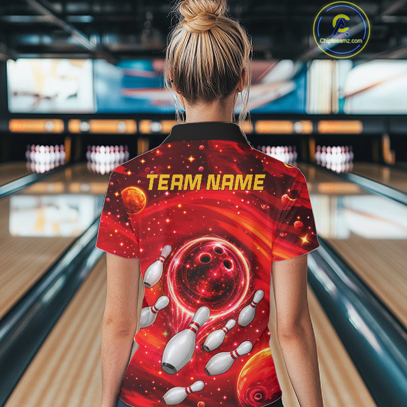 Bowling Polo 1/4-Zip Shirts Custom Red Abstract Bowling Team Jerseys, Bowling Gifts
