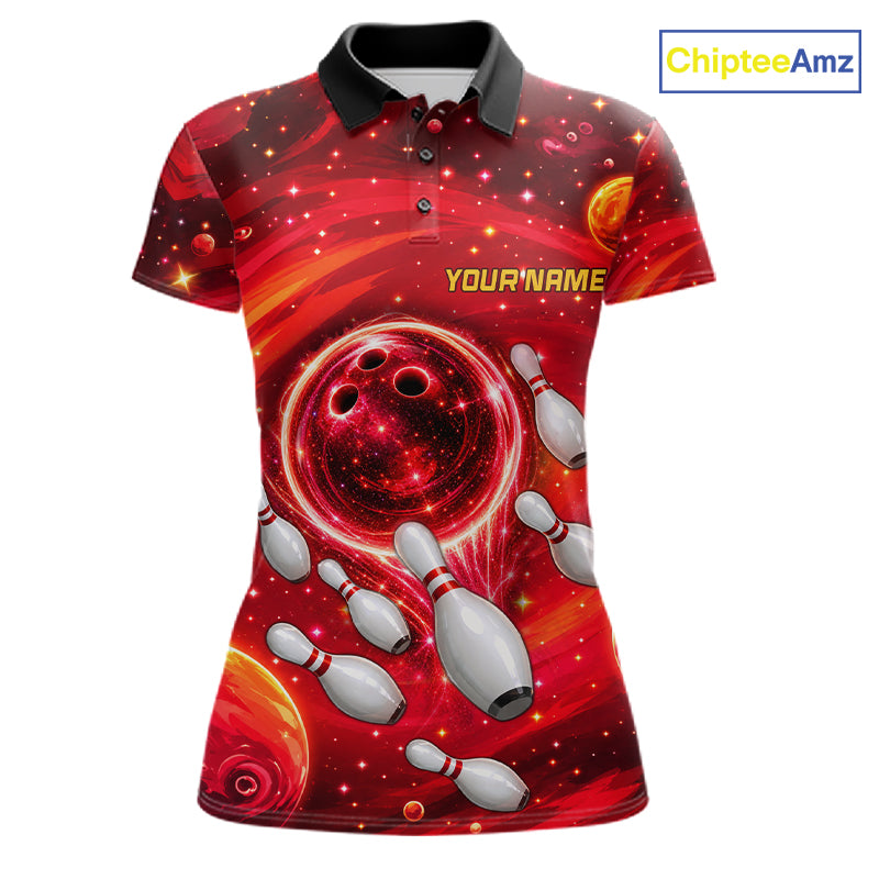 Bowling Polo 1/4-Zip Shirts Custom Red Abstract Bowling Team Jerseys, Bowling Gifts