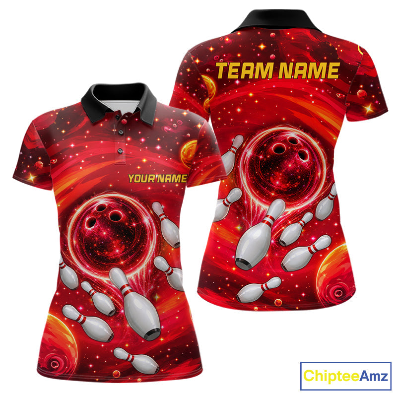 Bowling Polo 1/4-Zip Shirts Custom Red Abstract Bowling Team Jerseys, Bowling Gifts