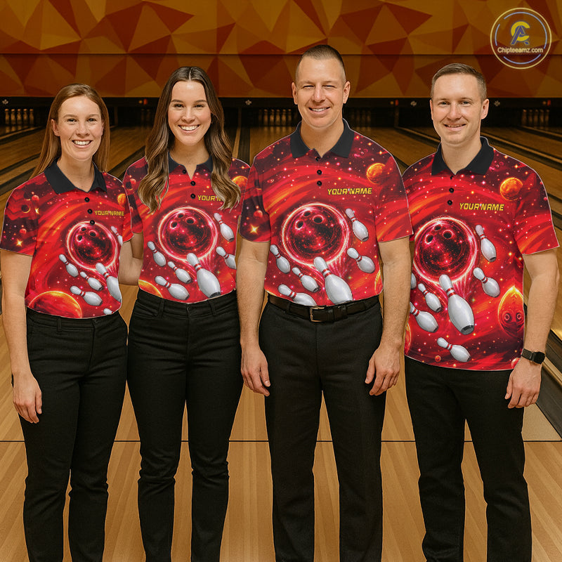 Bowling Polo 1/4-Zip Shirts Custom Red Abstract Bowling Team Jerseys, Bowling Gifts