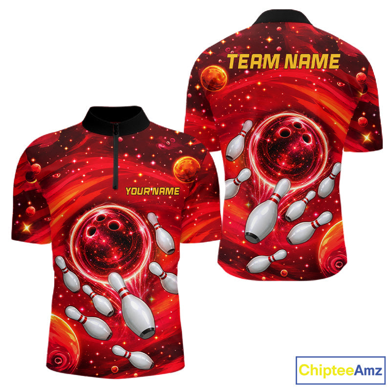 Bowling Polo 1/4-Zip Shirts Custom Red Abstract Bowling Team Jerseys, Bowling Gifts