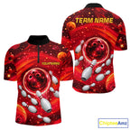 Bowling Polo 1/4-Zip Shirts Custom Red Abstract Bowling Team Jerseys, Bowling Gifts