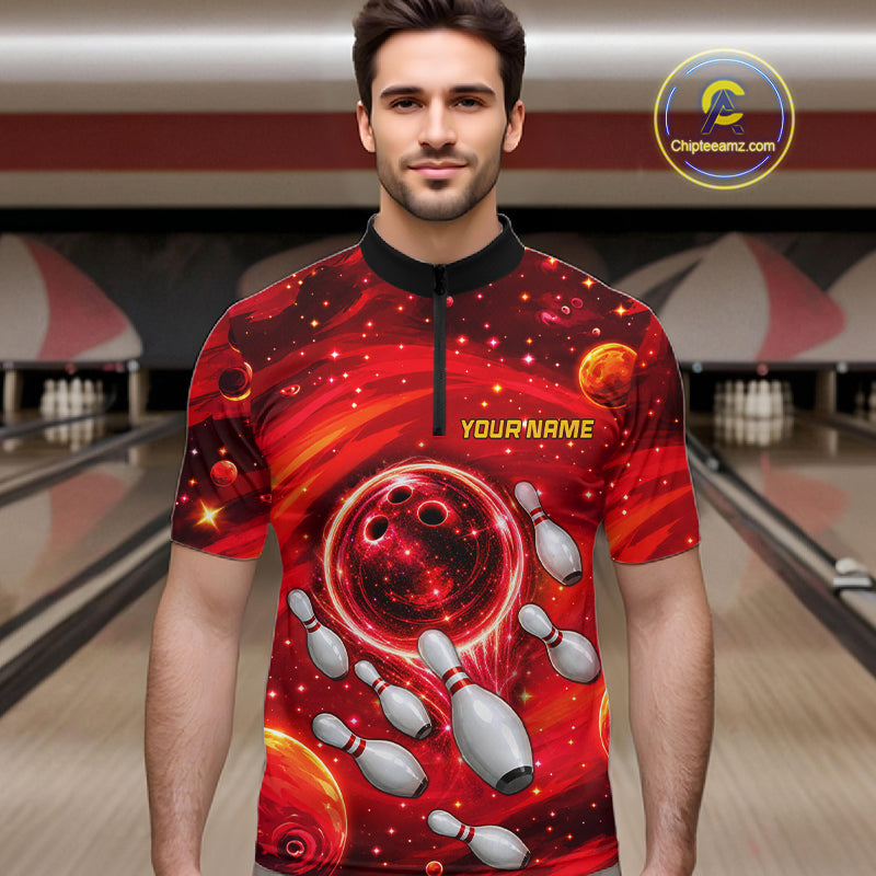 Bowling Polo 1/4-Zip Shirts Custom Red Abstract Bowling Team Jerseys, Bowling Gifts