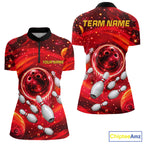 Bowling Polo 1/4-Zip Shirts Custom Red Abstract Bowling Team Jerseys, Bowling Gifts