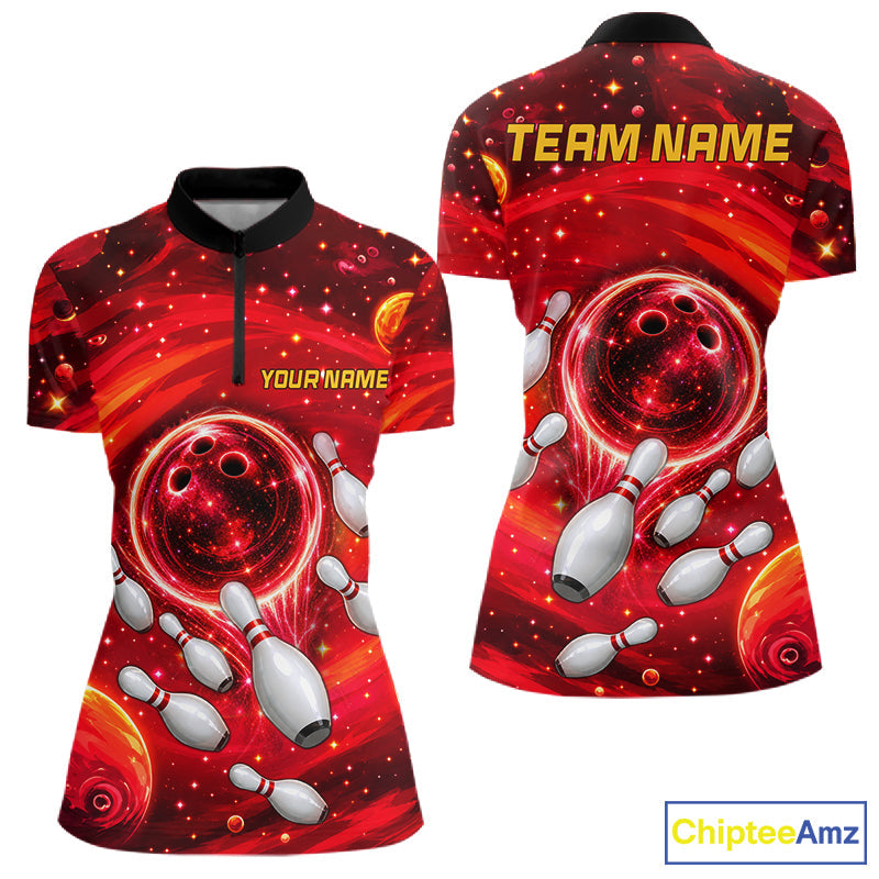 Bowling Polo 1/4-Zip Shirts Custom Red Abstract Bowling Team Jerseys, Bowling Gifts