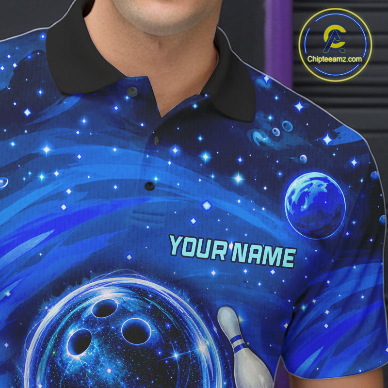 Bowling Polo 1/4-Zip Shirts Custom Blue Abstract Bowling Team Jerseys, Bowling Gifts