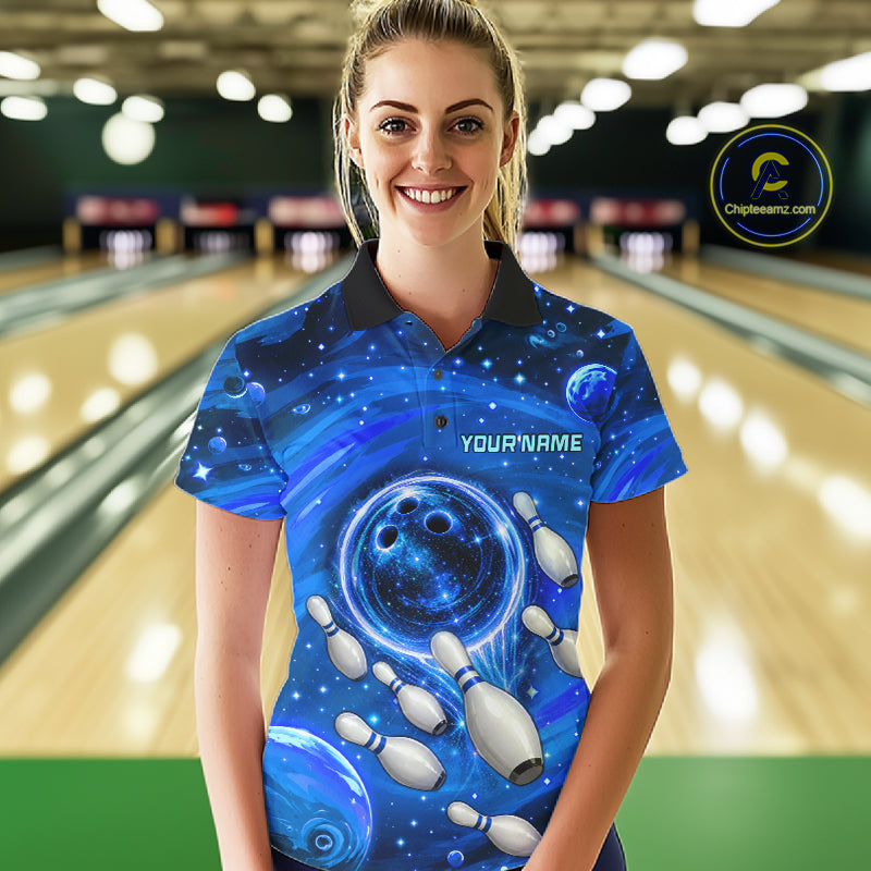 Bowling Polo 1/4-Zip Shirts Custom Blue Abstract Bowling Team Jerseys, Bowling Gifts