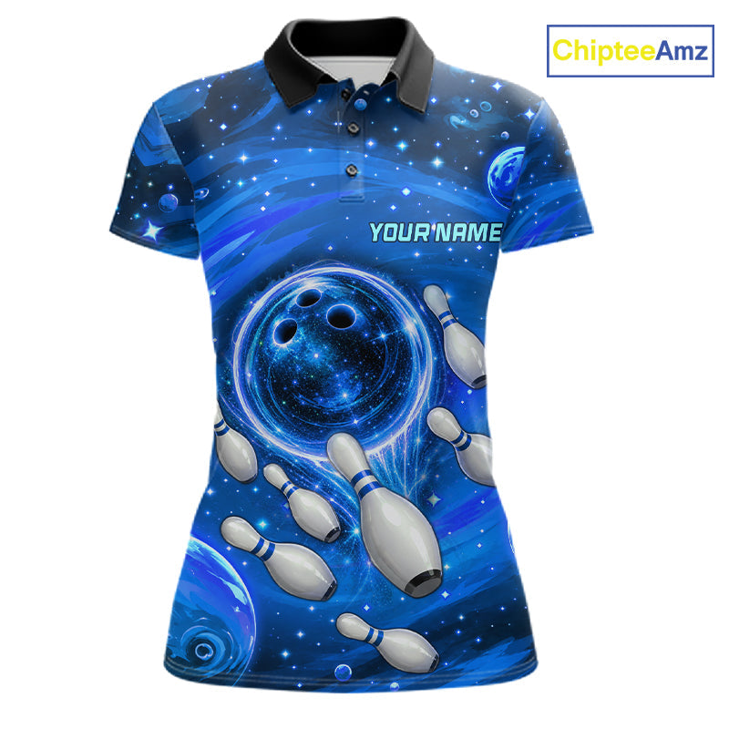 Bowling Polo 1/4-Zip Shirts Custom Blue Abstract Bowling Team Jerseys, Bowling Gifts