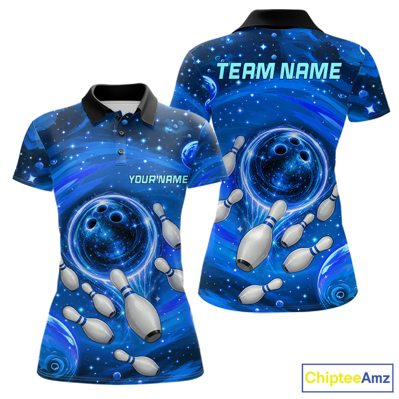 Bowling Polo 1/4-Zip Shirts Custom Blue Abstract Bowling Team Jerseys, Bowling Gifts