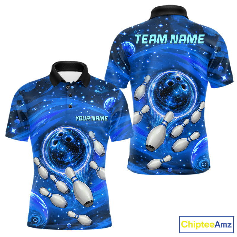 Bowling Polo 1/4-Zip Shirts Custom Blue Abstract Bowling Team Jerseys, Bowling Gifts