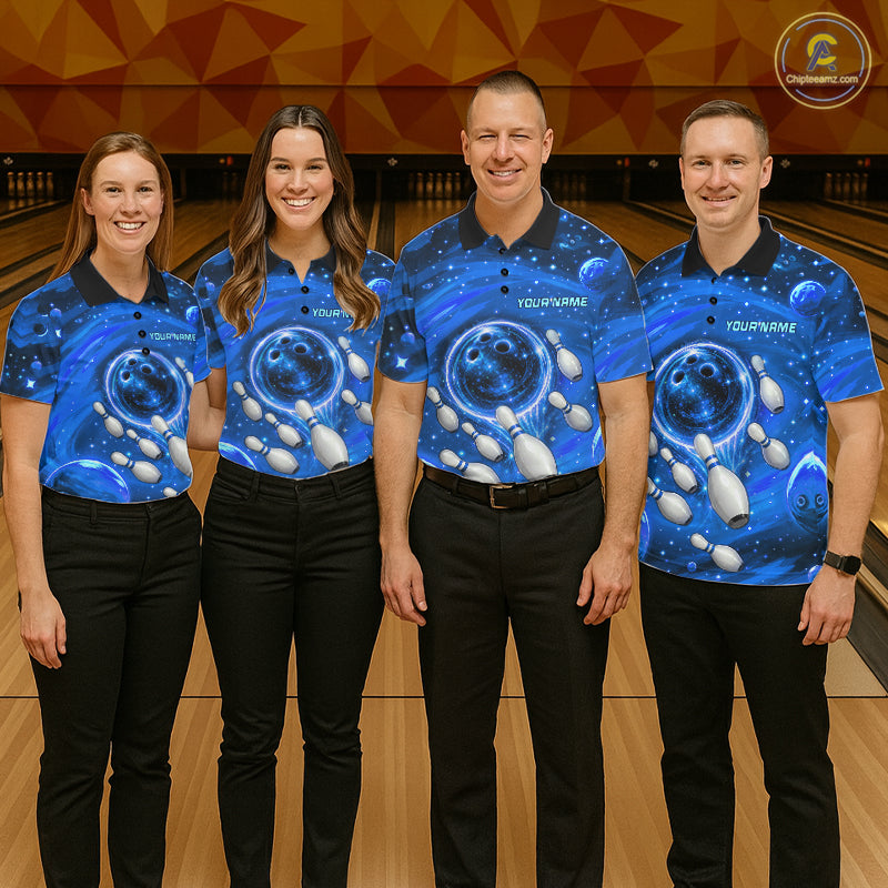 Bowling Polo 1/4-Zip Shirts Custom Blue Abstract Bowling Team Jerseys, Bowling Gifts