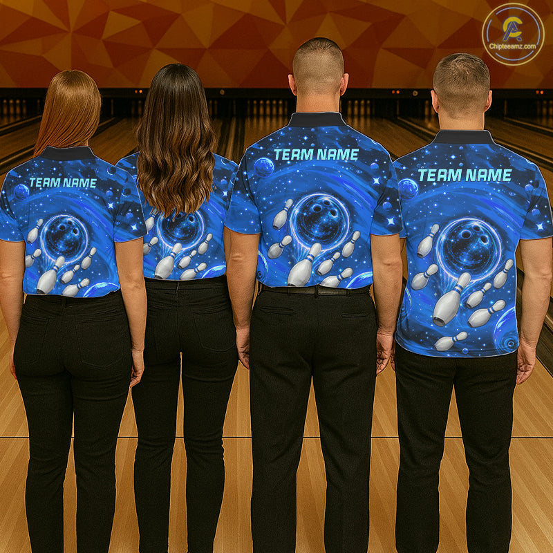 Bowling Polo 1/4-Zip Shirts Custom Blue Abstract Bowling Team Jerseys, Bowling Gifts
