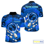 Bowling Polo 1/4-Zip Shirts Custom Blue Abstract Bowling Team Jerseys, Bowling Gifts