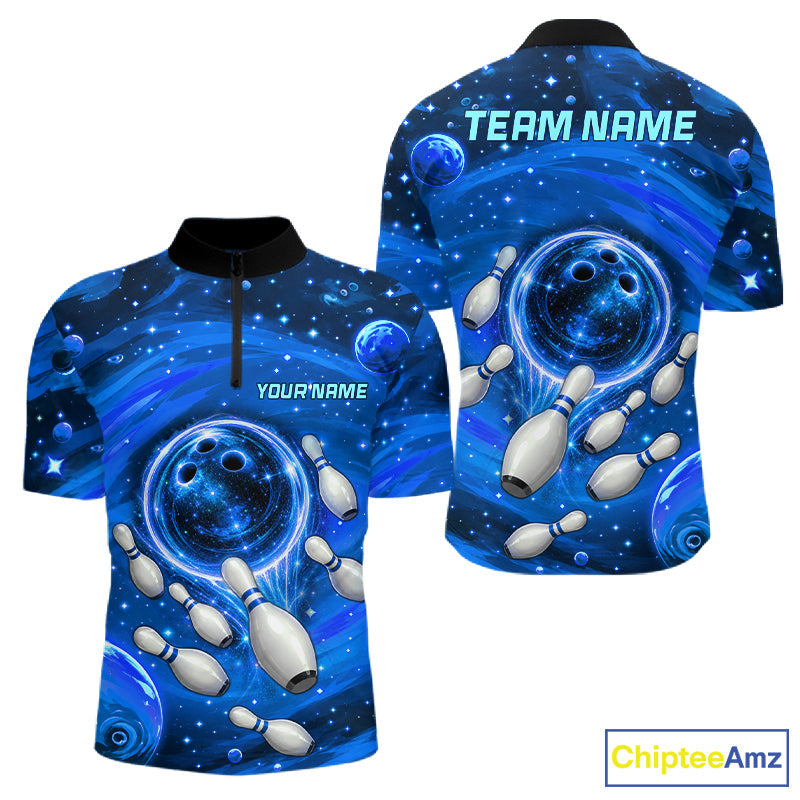 Bowling Polo 1/4-Zip Shirts Custom Blue Abstract Bowling Team Jerseys, Bowling Gifts