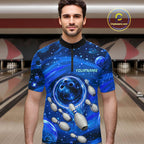 Bowling Polo 1/4-Zip Shirts Custom Blue Abstract Bowling Team Jerseys, Bowling Gifts